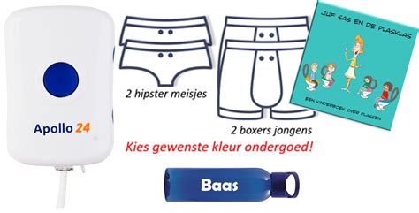 Afbeelding van een plaswekker met sensor, aangesloten op een kinderonderbroek.