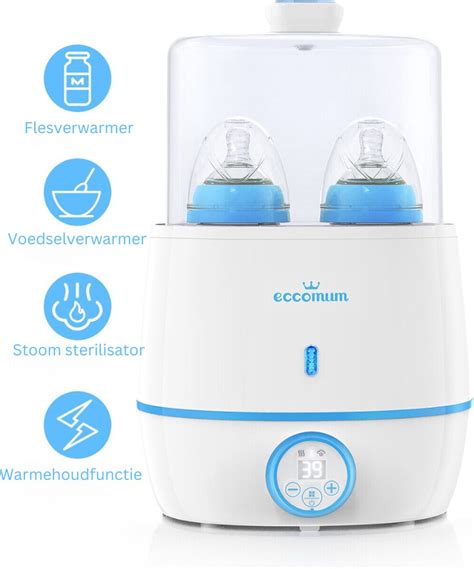 Illustratie die de werking van een flessenwarmer toont met stoomontwikkeling