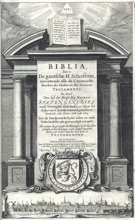 Een afbeelding van de titelpagina van de Statenvertaling, ter illustratie van de religieuze context van Rembrandts werk.