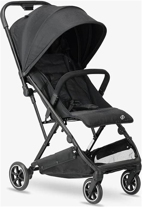 Schematische weergave van een compact opvouwbare reisbuggy met draagriem