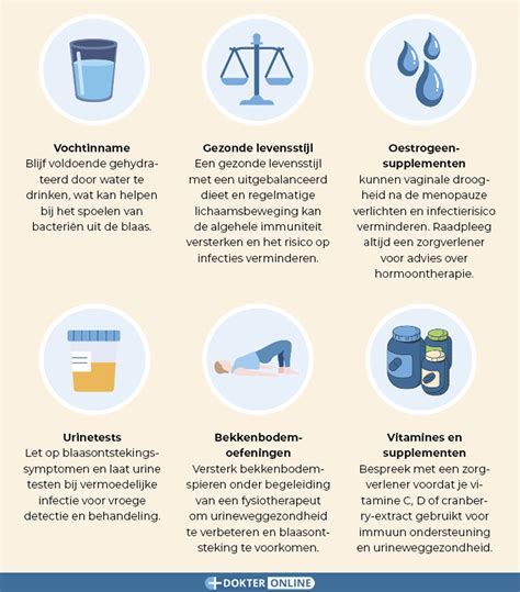 Infographic met tips voor het voorkomen van blaasontsteking: drinken, hygiëne, plassen na seks.