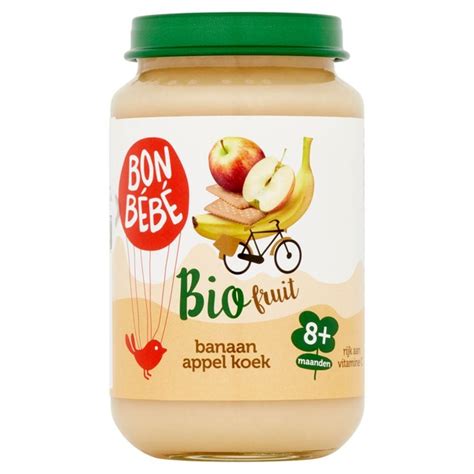 Infographic met de voedingswaarden van de biologische babyvoeding Banaan Appel Koek, visueel weergegeven.