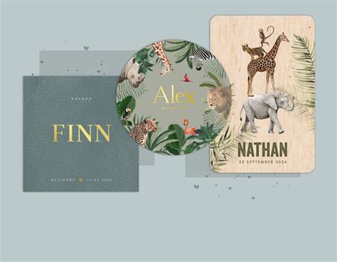 Illustratie van een selectie hippe geboortekaartjes met diverse stijlen en thema's.