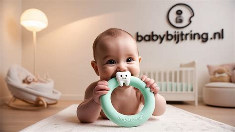 Illustratie van een baby die een bijtring vasthoudt en erop bijt