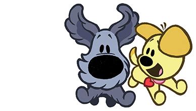 Illustratie van Woezel en Pip met speelgoed