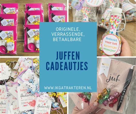 Een mandje met verschillende kleine cadeautjes voor juffen, zoals een mok, thee en een plantje.