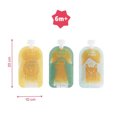 Illustratie van verschillende herbruikbare knijpzakjes voor baby's