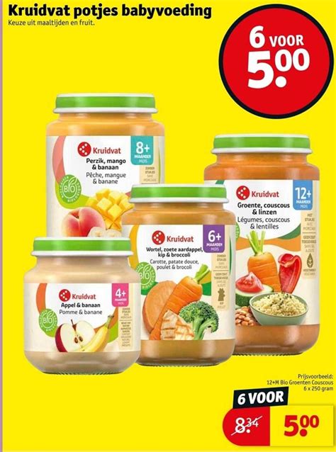 Illustratie van verschillende soorten babyvoeding van Kruidvat, waaronder dreumesmelk en peutermelk.
