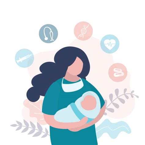 Illustratie van een verloskundige die een pasgeboren baby vasthoudt