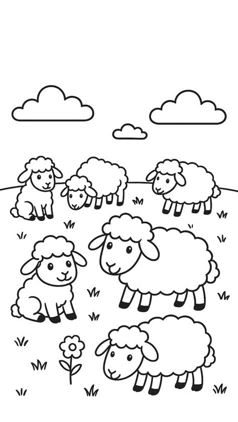 Een vrolijk ingekleurde kleurplaat van een schaap, met een zachte vacht en vriendelijke ogen.