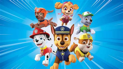 Collage van de individuele PAW Patrol pups met hun kenmerkende voertuigen.