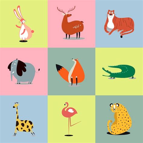 Collage van schattige illustraties van dieren die vaak op geboortekaartjes voorkomen.