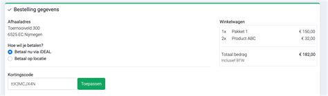 Screenshot van het invoerveld voor kortingscodes in de Prenatal webshop