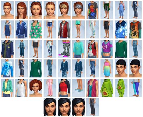 Diverse kledingstukken en kapsels in de 'grunge' stijl uit De Sims 4 Ouderschap.