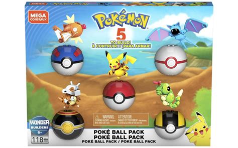 Een speelgoedset met vijf verschillende Pokéballen, elk met een iconische Pokémon-figuur binnenin.