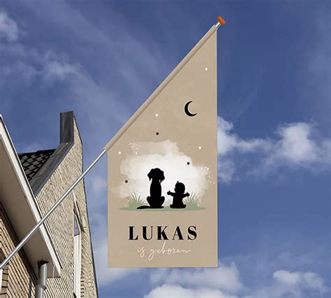 Een vrolijk gekleurde geboortevlag met de tekst 
