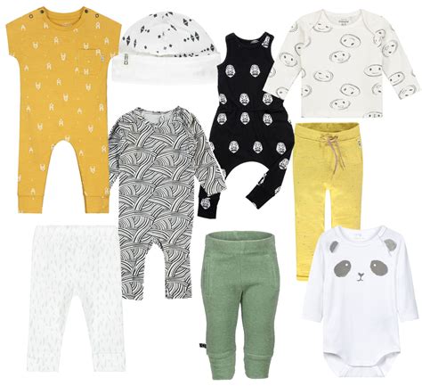 Voorbeelden van unisex babykleding in neutrale kleuren zoals grijs en beige