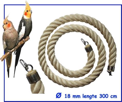 Voorbeeld van veilig, onbewerkt hout en touw dat geschikt is voor vogelspeelgoed.