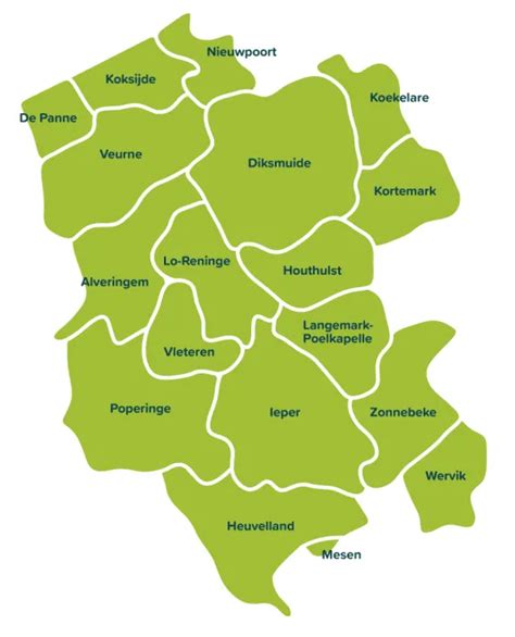 Een kaart van de Westhoek met gemarkeerde wandelroutes en bezienswaardigheden