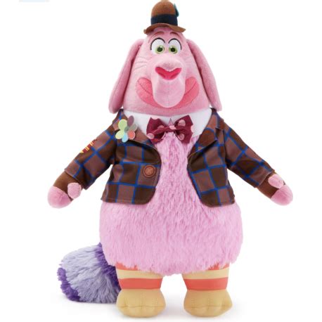 Gedetailleerde knuffel van Bing Bong met geborduurde gezichtsuitdrukking, harige buik en staart, geprinte jas en satijnen strikje.