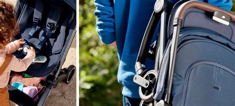 Een collage van Joolz Aer+ buggy in verschillende kleuren, met accessoires zoals een voetenzak en een luiertas.