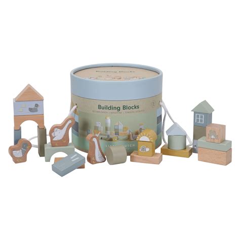 Een set van Little Dutch houten bouwblokken en een vormenstof