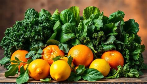 Illustratie van voedingsmiddelen die rijk zijn aan foliumzuur, zoals groene bladgroenten en citrusfruit.