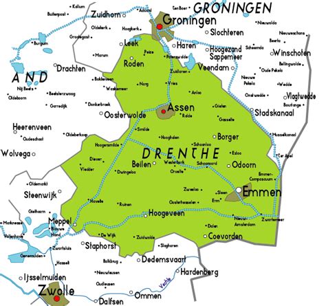 Kaart van Drenthe met de belangrijkste attracties voor kinderen gemarkeerd