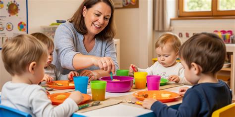 illustratie van een pedagogisch medewerker die een gek gezicht trekt naar een kind