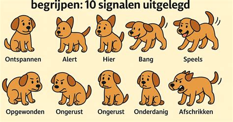 Infographic die de lichaamstaal van honden toont, met focus op signalen van spel en correctie.