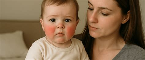 Baby met rode wangen en kwijlend, wijzend op mogelijke doorkomende tandjes.