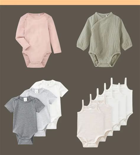 Overzicht van essentiële babykleding, zoals rompers en pakjes
