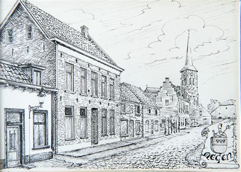 Pentekening van de lagere school aan de Tusschendarp in Deever, met de Oele in de voorgevel.