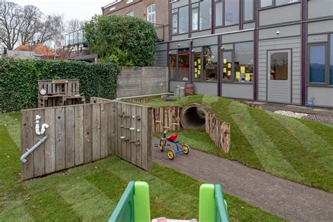 Thematische foto van een kinderdagverblijf met een grote tuin en speeltoestellen.