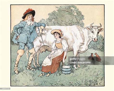 Middeleeuwse illustratie van een melkmeisje dat een koe melkt