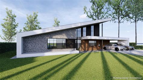 Illustratie van een moderne woning met sculpturale kap en metselwerkdetails langs de Beekweg.