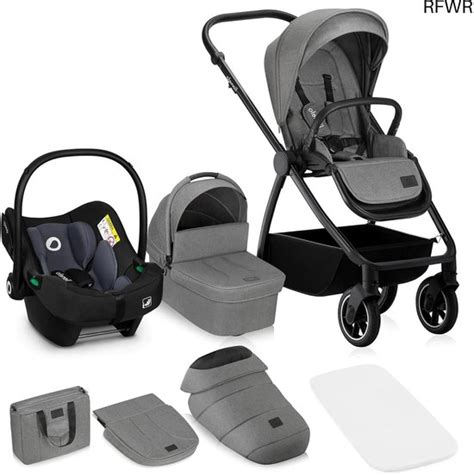 Illustratie van verschillende soorten kinderwagens: reiswieg, wandelwageninzet en buggy.