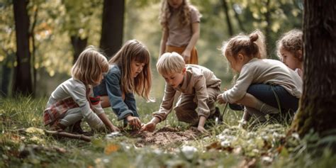 Foto van een groep kinderen die buiten spelen met natuurlijke materialen, zoals takken en bladeren.