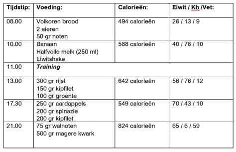 Voorbeeld van een voedingsschema voor een baby, met vermelding van eetmomenten en voedingssuggesties.