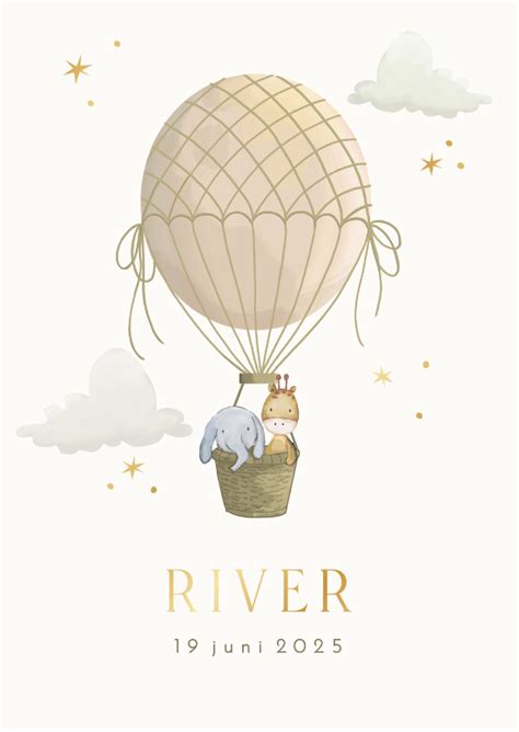 Illustratie van een geboortekaartje met blauwe strepen en een luchtballon, passend bij de 'Panorama James' collectie.