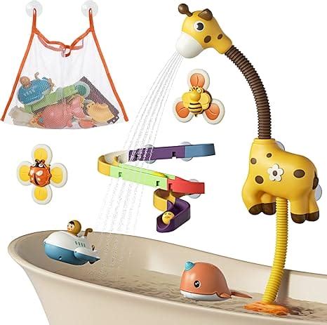 Badspeelgoed set met een water-activerende giraffe, spuitende vissen en krab, en draaiende elementen