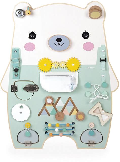 Voorbeeld van een houten speelwand met diverse educatieve spelletjes en elementen, geschikt voor kinderopvang of wachtruimtes