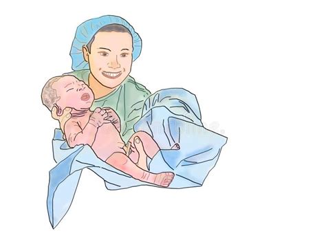 Illustratie van een vroedvrouw die een baby vasthoudt, symbolisch voor zorg en nieuw leven.