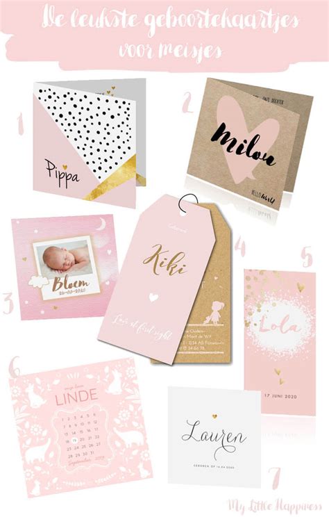 Illustratie van verschillende stijlen geboortekaartjes voor meisjes, variërend van klassiek tot modern.