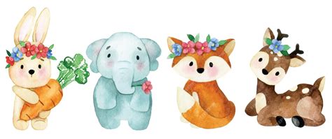 Collage van verschillende aquarel dieren (bv. een konijn, beer, olifant) die gebruikt kunnen worden op geboortekaartjes.