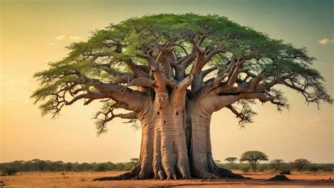 Illustratie van een baobab boom met zijn karakteristieke vorm en vruchten