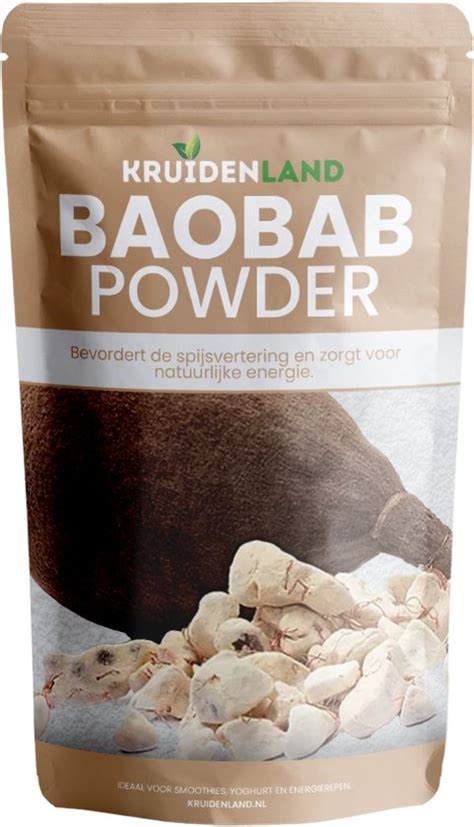 Verpakking van baobab poeder met een illustratie van de vrucht