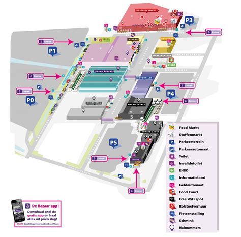 Een gedetailleerde plattegrond van De Bazaar met aanduiding van faciliteiten