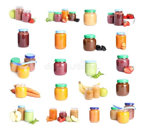 Afbeelding van verschillende soorten babyvoeding zoals gepureerd fruit en groente