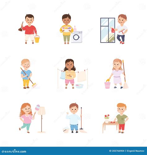 illustratie van een kind dat probeert te helpen met huishoudelijke taken, met een beetje rommel